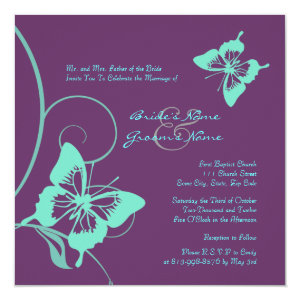 Purple and Teal Butterfly Wedding Invitation 5.25
