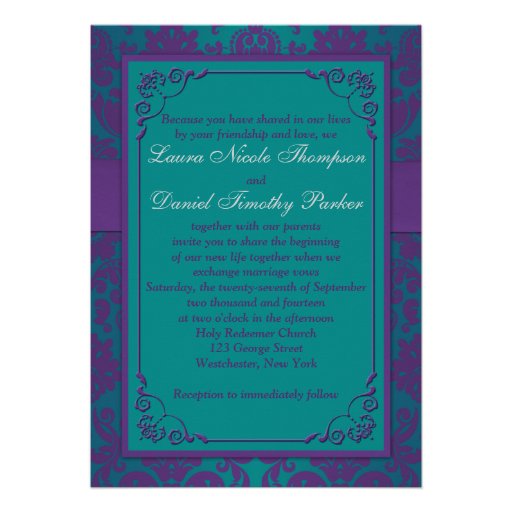 Purple and Teal Damask Wedding Invitation