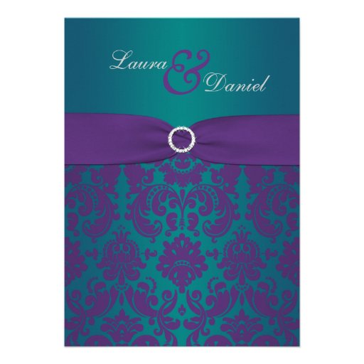 Purple and Teal Damask Wedding Invitation