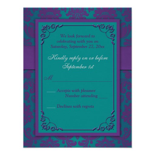 Purple and Teal Damask Wedding RSVP Card
