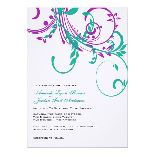 Purple and Teal Double Floral Wedding Invitation