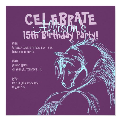 Purple and Teal Horse Head Sketch Birthday Invite