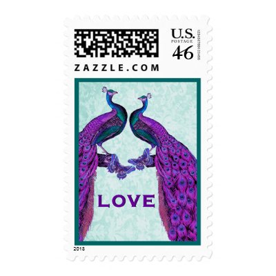 Purple and Teal Wedding LOVE Peacock Postage Stamp