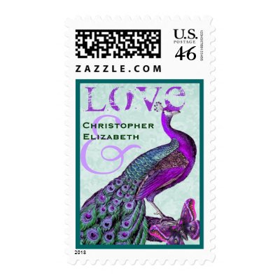 Purple and Teal Wedding LOVE Peacock Stamps