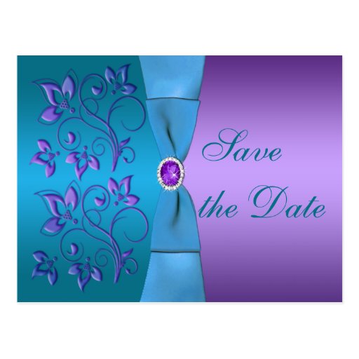 Purple and Turquoise Floral Save the Date Postcards