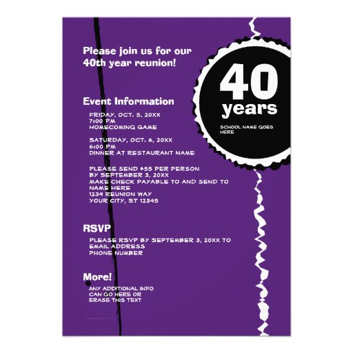 Purple and White 40 Year Class Reunion Invitation