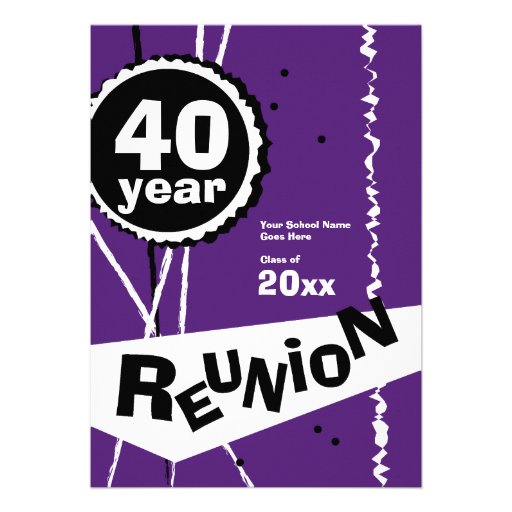 Purple and White 40 Year Class Reunion Invitation (front side)