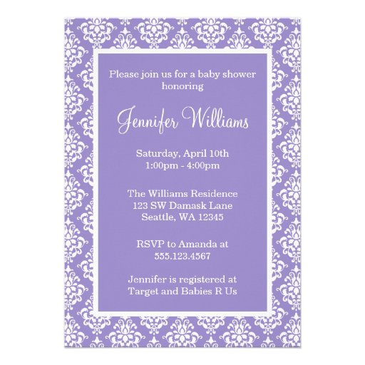 Purple and White Damask Girl Baby Shower Announcements