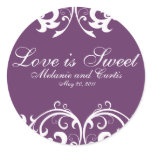 Purple and White Damask Monogram Round Stickers