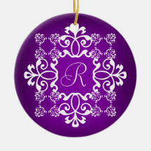 Purple and White Damask Monogrammed Ornament