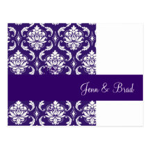 Purple and White Damask Wedding Announcement Postcard