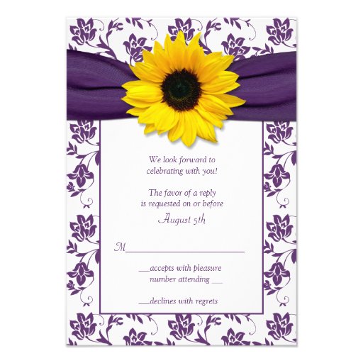 Purple and White Floral Damask Wedding Reply Card Invites