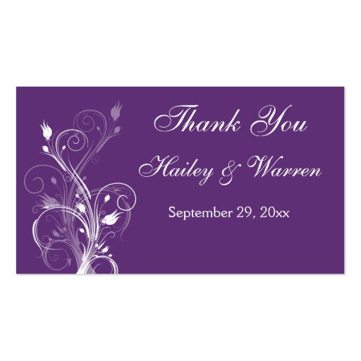 Purple and White Floral Wedding Favor Tag Business Card Templates (front side)