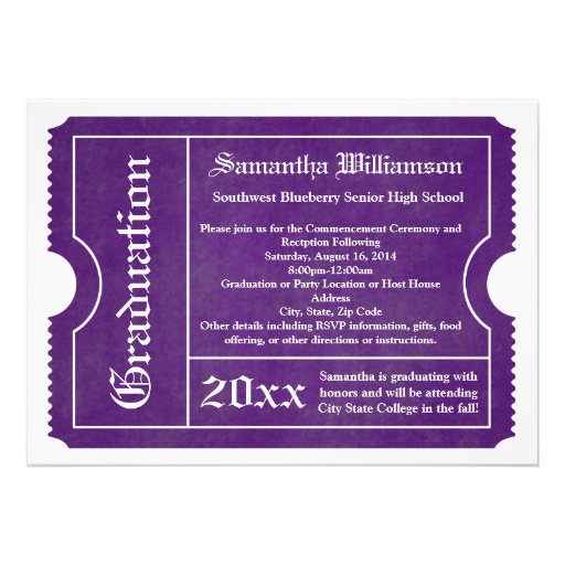 Purple and White Graduation Ticket Invitations (front side)