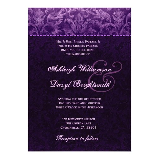 Purple and White Grunge Damask Wedding B733 Personalized Invite