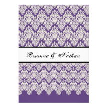 Purple and White Lace Damask Wedding Invitation