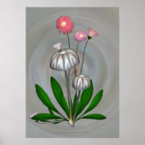 Purple and White Mushrooms with Daisies Posters