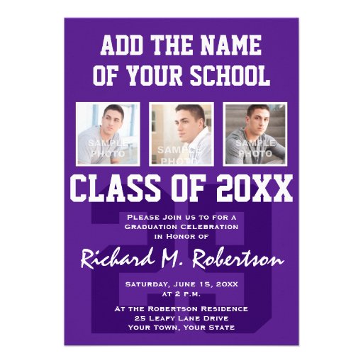 Purple and White Student Athlete Graduation Party Personalized Invite (front side)