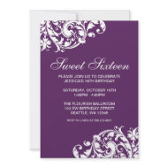Purple and White Swirl Flourish Sweet 16 Birthday invitation