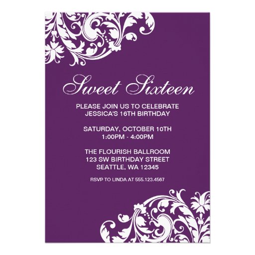 Purple and White Swirl Flourish Sweet 16 Birthday Custom Invitation