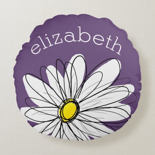 Purple and Yellow Whimsical Daisy Custom Text Round Pillow