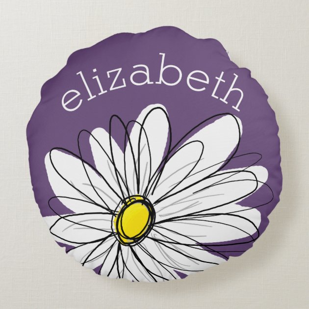 Purple and Yellow Whimsical Daisy Custom Text Round Pillow-1