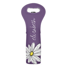 Purple and Yellow Whimsical Daisy Custom Text Wine Bags