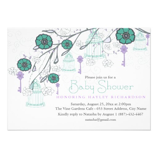 Purple & Aqua Birdcage Baby Shower Invitation