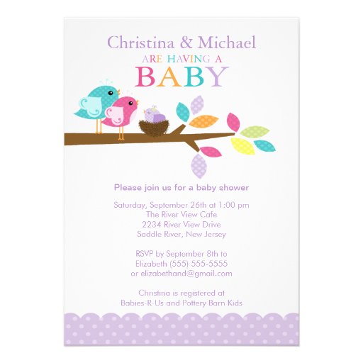 Purple Baby Bird Nest Baby Shower Invitations