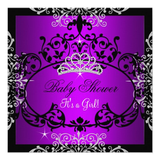 Purple Baby Shower Girl Princess Tiara Black Lace Invitations