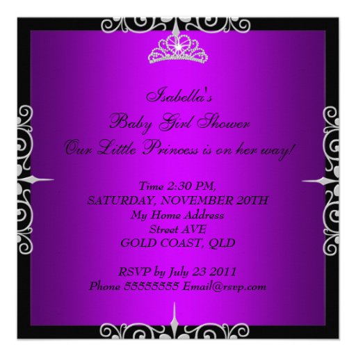 Purple Baby Shower Girl Princess Tiara Black Lace Invitations