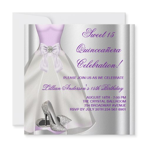 Purple Ball Gown High Heel Shoes Quinceanera invitations