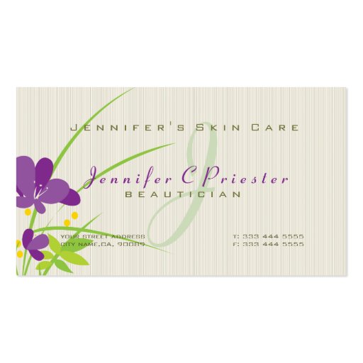 Purple Beige And Green Flower Illustration Business Card (front side)