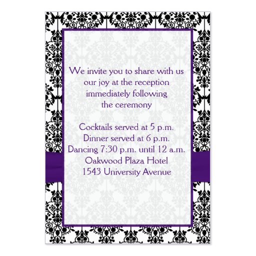Purple, Black and White Damask Reception Card Business Card Template (back side)