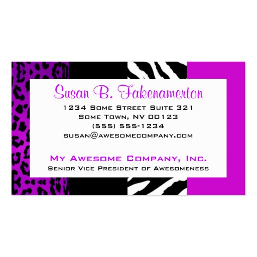 Purple & Black Animal Print Zebra and Leopard Business Cards (front side)