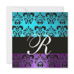 PURPLE BLACK BLUE TURQUASE DAMASK MONOGRAM white Custom Announcements