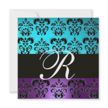 PURPLE BLACK BLUE TURQUASE DAMASK MONOGRAM white Custom Announcements