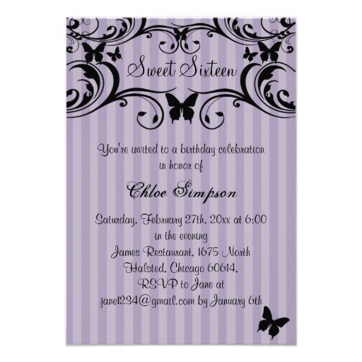 Purple & Black Butterfly Sweet16 Invitation