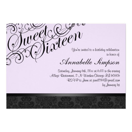 Purple & Black Chic Damask Sweet16 Invite