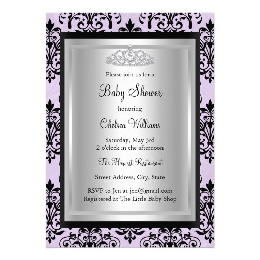 Purple & Black Damask Baby Shower Invitation