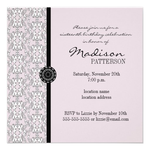 Purple & Black Damask Baroque Sweet 16 Party Announcement