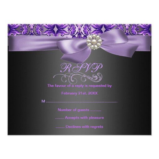 Purple/Black Damask & Bow Birthday RSVP Card Custom Invitations