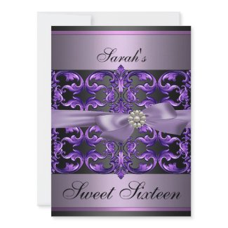Purple/Black Damask & Bow Sweet16 Birthday Invite invitation