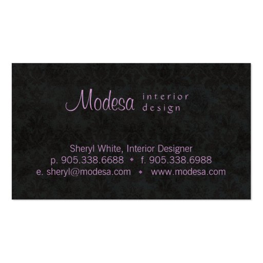 Purple Black Damask Business Card Interior Design (back side)