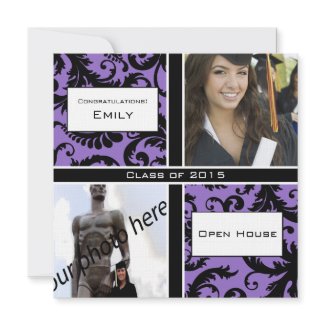 Purple & Black Damask Graduation Invitation invitation