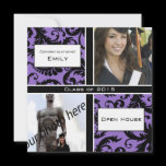 Purple & Black Damask  Graduation Invitation