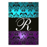 PURPLE BLACK DAMASK MONOGRAM RSVP ,blue turquase Announcement