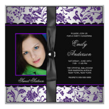 Purple Black Damask Photo Sweet 16 Party Personalized Invites