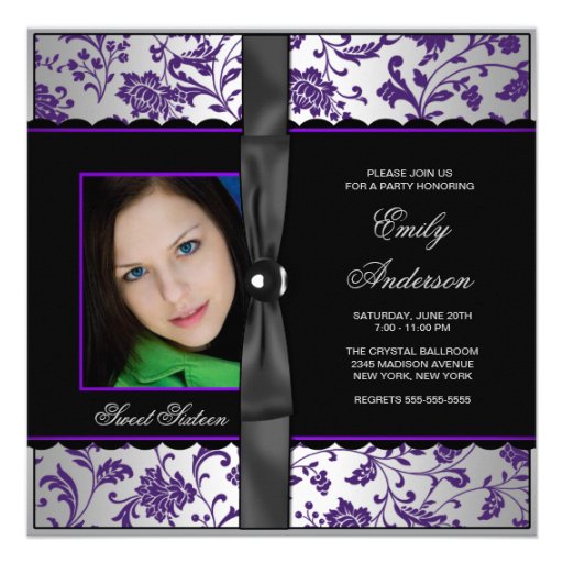 Purple Black Damask Photo Sweet 16 Party Personalized Invites