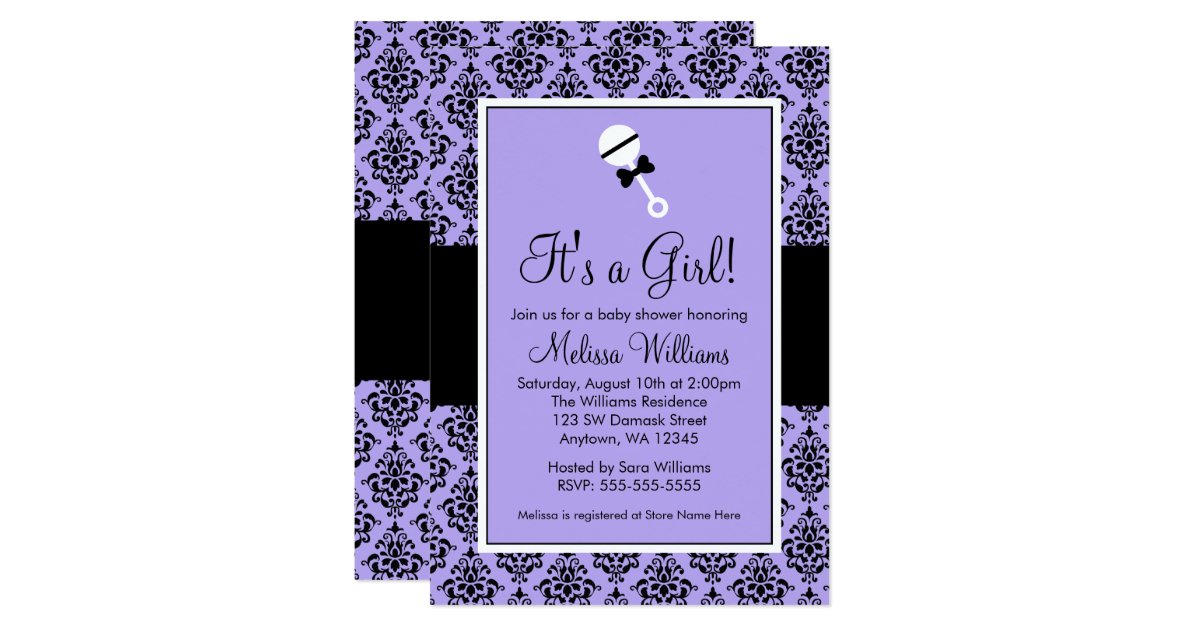Purple Black Damask Rattle Baby Shower Invitations | Zazzle